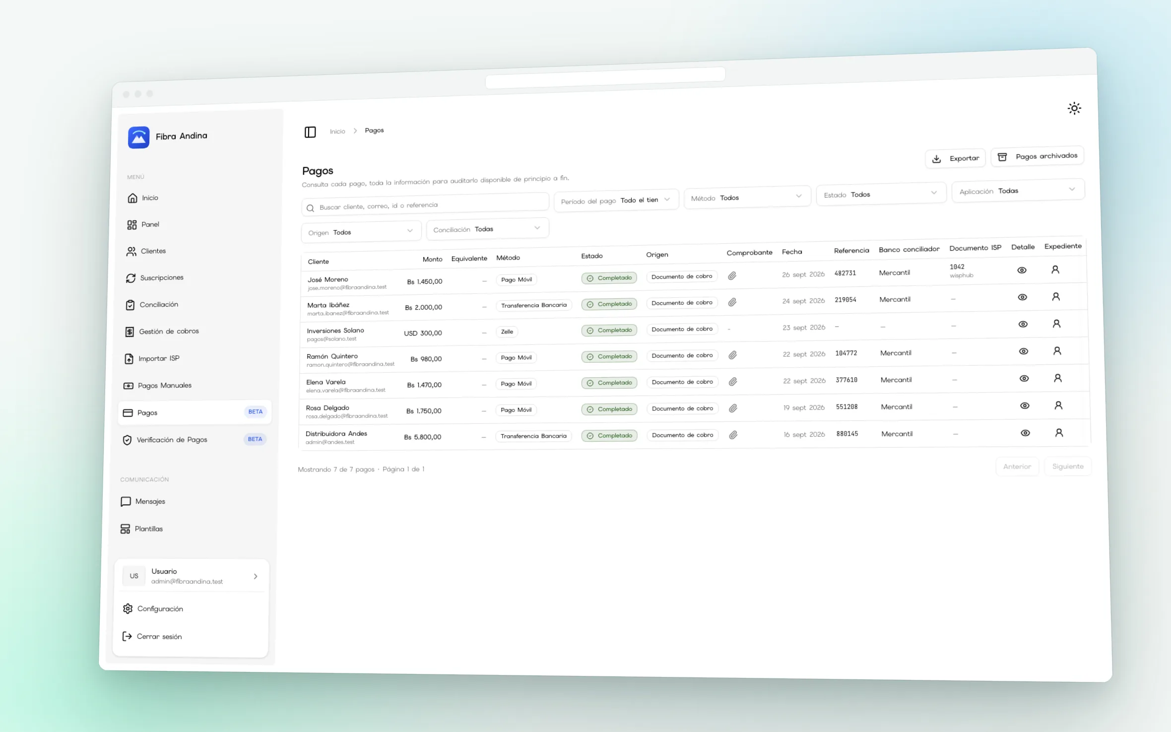 Lista de pagos en Cobrix: cada pago completado, con método, origen, referencia y banco conciliador.