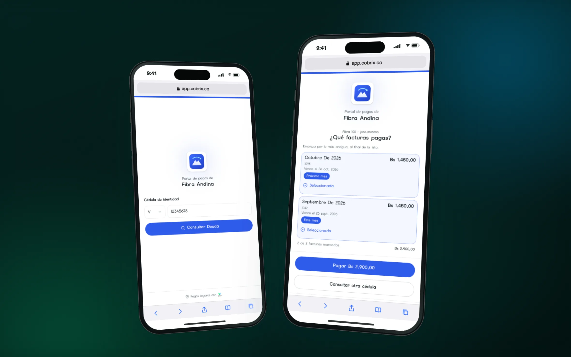 Portal de pagos de Cobrix en el celular: consulta de deuda por cédula y facturas listas para pagar.