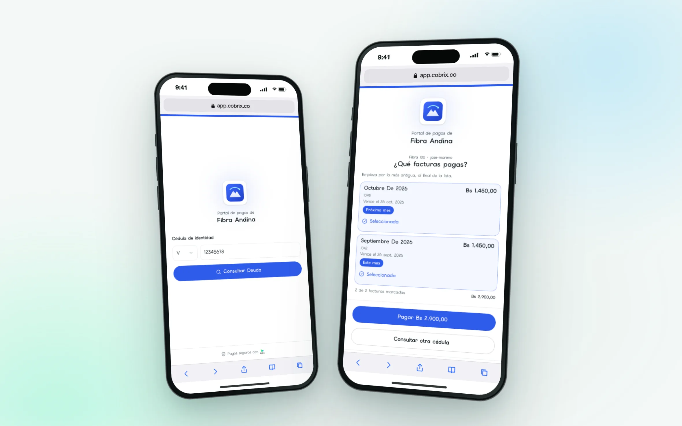 Portal de pagos de Cobrix en el celular: consulta de deuda por cédula y facturas listas para pagar.